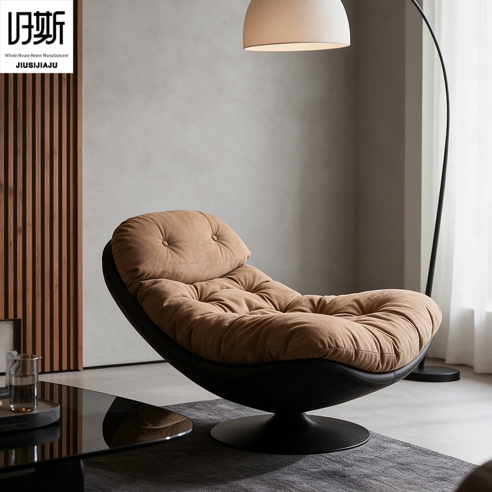 Dark Khaki plush rotating lounge chair in a living room